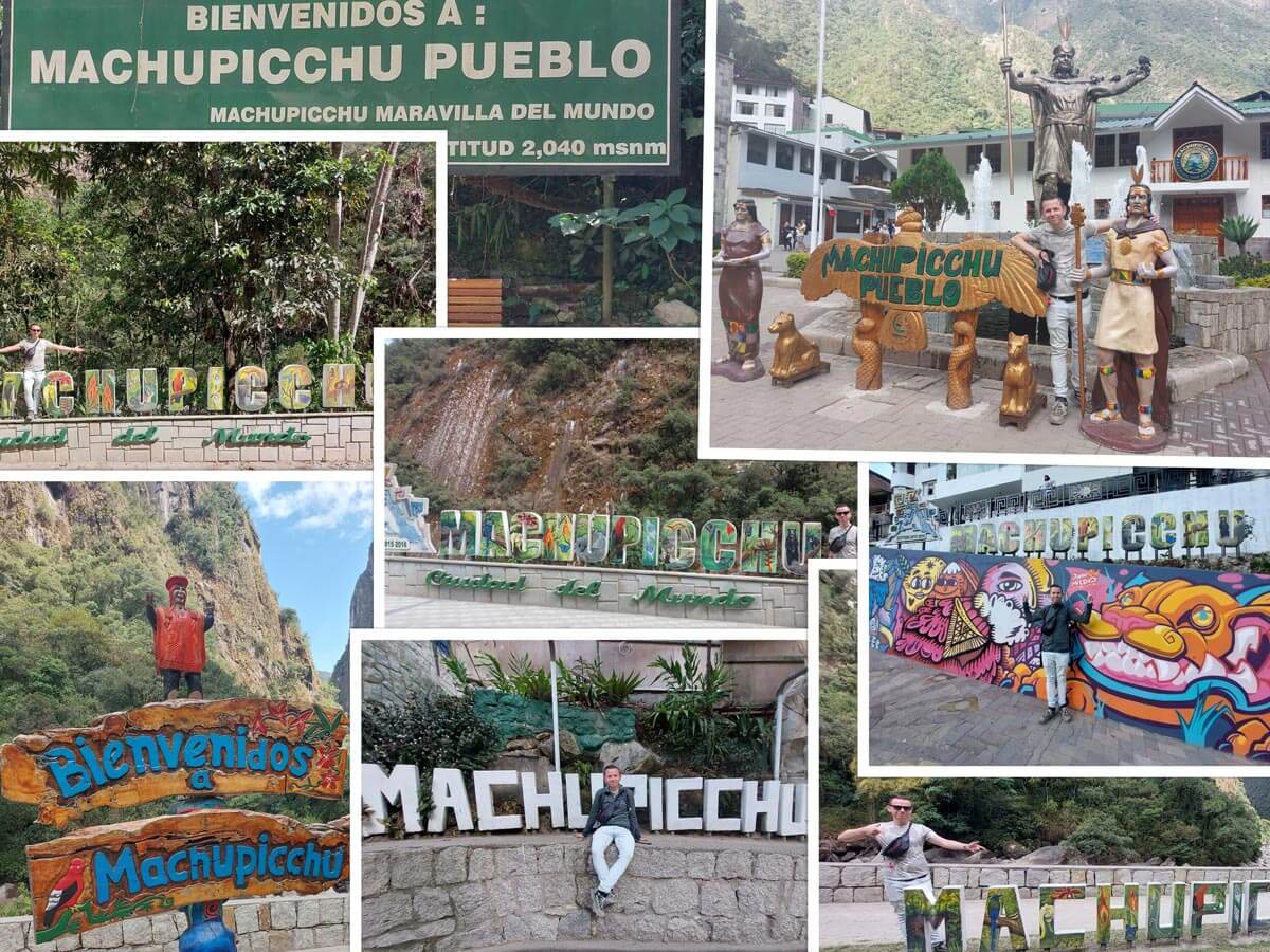 Collage van toeristenborden in Aguas Calientes waar Machu Picchu op staat